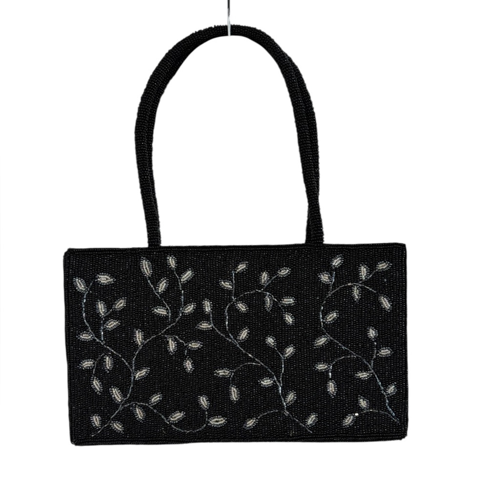 Chic Black Beaded Clutch with Leaf Design